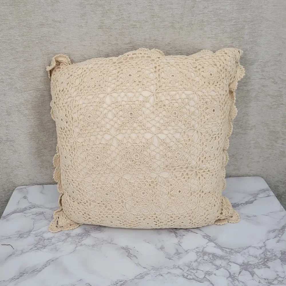 Vintage Cream Hand Crochet Lace Cotton Pillows Set of 2